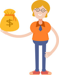 Geeky Girl Character Holding Dollar Sack
