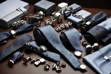 Business attire accessories (tie, cufflinks) arranged neatly