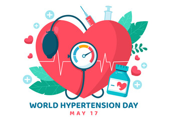 World Hypertension Day Vector Illustration on May 17th with High Blood Pressure, Tensimeter and Red Love Image in Healthcare Flat Background