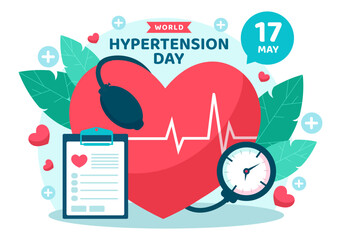 World Hypertension Day Vector Illustration on May 17th with High Blood Pressure, Tensimeter and Red Love Image in Healthcare Flat Background