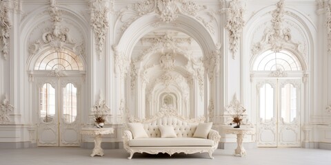 Fototapeta premium Luxurious baroque style living room with white walls adorned with antique stucco.