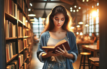 Fototapeta premium A young woman engrossed in reading a book, standing in a library aisle with shelves of books illuminated by warm sunlight.