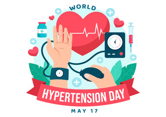 World Hypertension Day Vector Illustration on May 17th with High Blood Pressure, Tensimeter and Red Love Image in Healthcare Flat Background