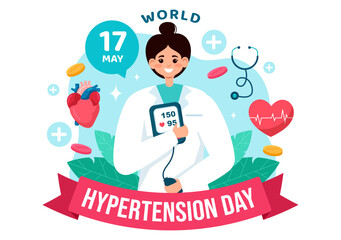 World Hypertension Day Vector Illustration on May 17th with High Blood Pressure, Tensimeter and Red Love Image in Healthcare Flat Background