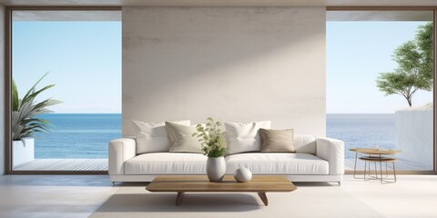 Modern living room with sea view, featuring two white sofas near a beige concrete wall and glass window frame.