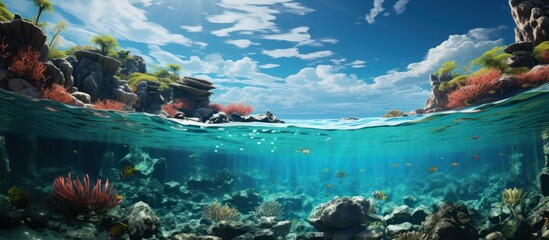Fototapeta na wymiar Tropical Seabed View With Beautiful Coral Reefs And Blue Sunlight