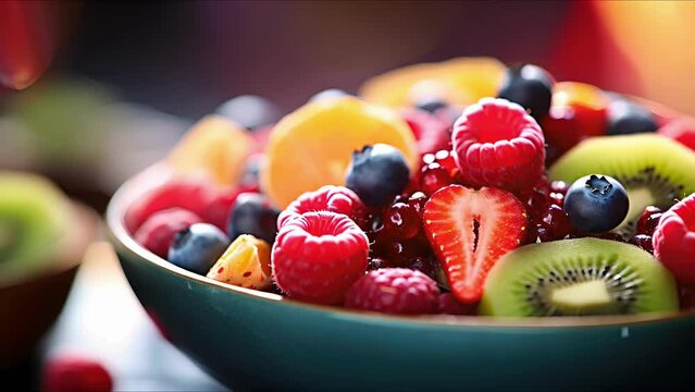 Closeup of a colorful fruit bowl, featuring sliced kiwi, blueberries, and raspberries.
