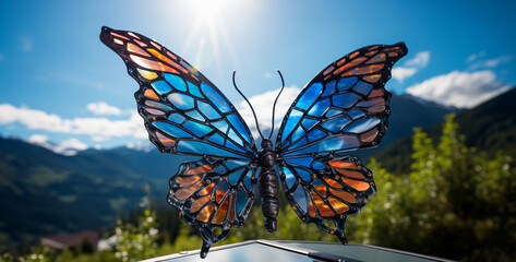 Butterfly in the mountains on a sunny day. 3d rendering, Blue butterfly on the background of the mountains., butterfly on a meadow