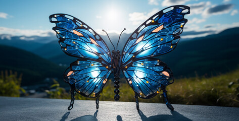 Butterfly in the mountains on a sunny day. 3d rendering, Blue butterfly on the background of the...