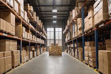 Explore the vastness of our warehouse scene, filled with neatly stacked boxes and towering shelves. A perfect image for conveying scale and logistics efficiency.
