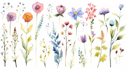 Watercolor collection of colorful soft flowers. Flower isolated on white background. generative ai