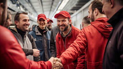 The real moment when an engineering team shakes hands to celebrate a successful project reinforces their teamwork