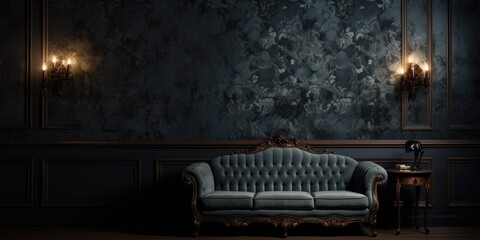 A room with baroque wallpaper in darkness.