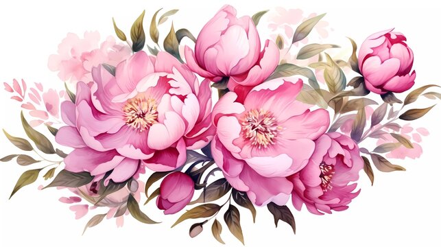 watercolor illustration of pink flowers, flower clip art. Bouquet of peonies. generative ai