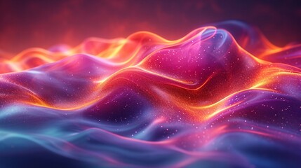 Fluid, neon wave in 3D, glowing iridescently against a vibrant background. Abstract, colorful pattern. Realistic HD appearance.