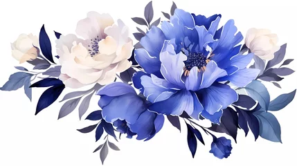 Fotobehang watercolor illustration of dark blue flowers, flower clip art. Bouquet of peonies. generative ai © KBL Sungkid