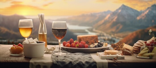 Food concept in front of mountain view at sunrise - obrazy, fototapety, plakaty