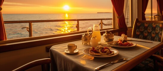 Dining table on a cruise ship. next to the window with a view of the open sea at sunrise