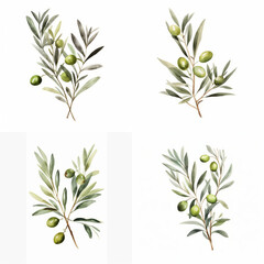 Set of Olive tree branch watercolor