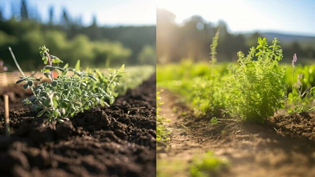 A beforeandafter comparison of a degraded, barren plot of land transformed into a thriving, biodiverse ecosystem through the use of regenerative agriculture principles.