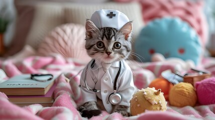Cat wearing a veterinarian costume with stethoscope. Cute kitten dressed as a doctor, nurse. Medical medicine healthcare clinic hospital background.