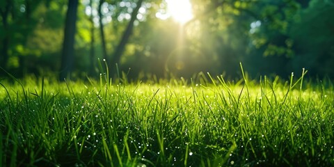 Green grass field in sunny morning
