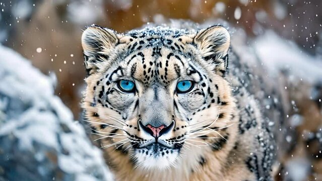 Closeup of a snow leopards piercing blue eyes a contrast to its white and grey fur blending seamlessly with the snowcovered rocks surrounding it