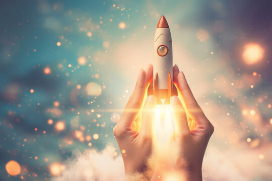 Business start up concept. A rocket ship taking off from a persons hands