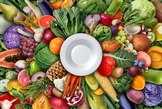 Eating A Healthy Diet as a nutrition symbol of a plant based dietary choice with an empty plate to eat high nutrient foods as vegetables fruit legumes beans and nuts for wellness and health representi