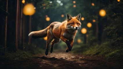 Fototapeten  Red fox jumping in the dark forest with light bulbs in the background © cinemacinematic
