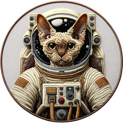 Devon Rex Cat Astronaut, A circular badge featuring an intricate embroidery design of a Devon Rex cat dressed as an astronaut, PNG Clipart, High Quality Transparent Backgrounds