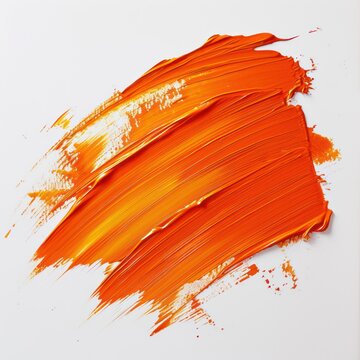 Orange Paint Brush Stroke On White Paper Background. Abstract Art Background.