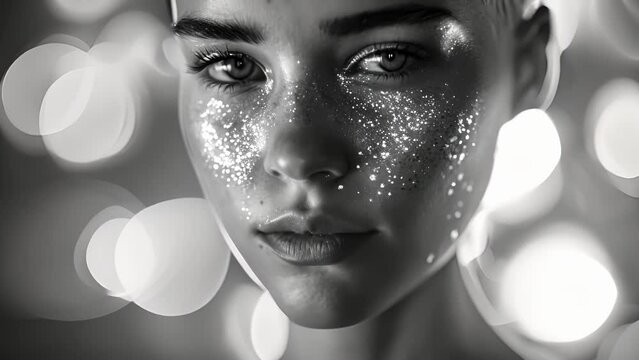 A monochromatic portrait of a woman with a slick, silvered pixie , her face adorned with a smattering of clear, crystalline sparks, invoking the idea of art as a transformative and enlightening