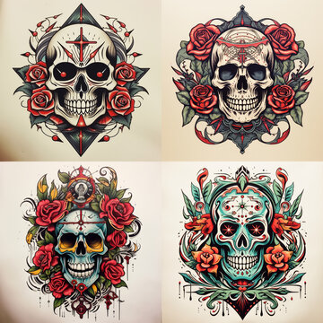 Set of Skull and flower tattoo design