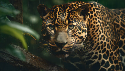 Obraz premium Close up of a jaguar in the jungle under the rain