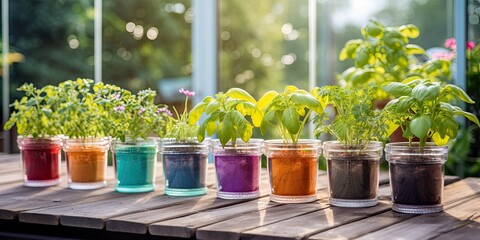 Colorful pots on a table in a glass greenhouse for planting plant seeds. Kitchen herbs or vegetables for the window garden. - obrazy, fototapety, plakaty