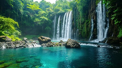 Fototapeta na wymiar Jungle waterfall cascade in tropical rainforest with rock and turquoise blue pond. Its name Banyumala because its twin waterfall in mountain slope