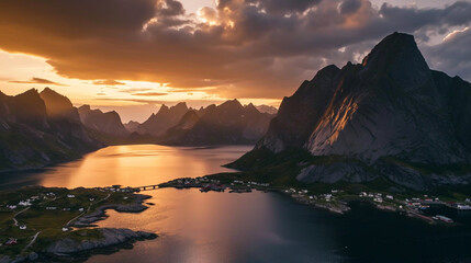 Village called A in Lofoten islands, Norway. Ai Generative - obrazy, fototapety, plakaty