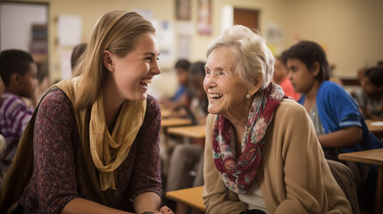 Obraz premium a young teacher and a senior woman in a classroom setting, surrounded by diverse individuals of varying ages
