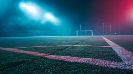 textured soccer game field with neon fog - center, midfield. Ai Generative