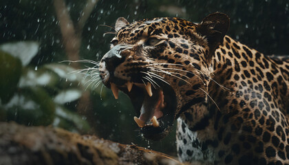 Close up of a jaguar in the jungle under the rain