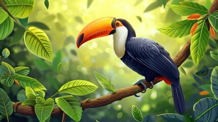 Toucan tropical bird sitting on a tree branch in natural wildlife environment in rainforest jungle