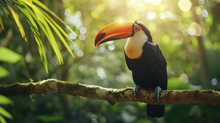 Naklejka premium Toucan tropical bird sitting on a tree branch in natural wildlife environment in rainforest jungle