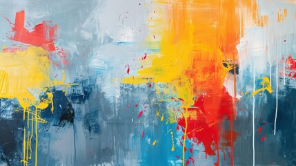 abstract background of oil paint on canvas. Blue, yellow and red colors