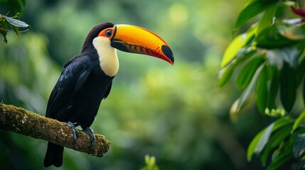 Naklejka premium Toucan tropical bird sitting on a tree branch in natural wildlife environment in rainforest jungle