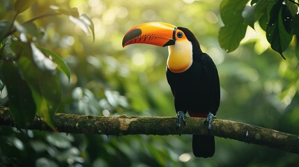 Toucan tropical bird sitting on a tree branch in natural wildlife environment in rainforest jungle