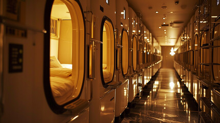 Naklejka premium Capsule Hotel Beds in Kyoto, Japan. Ai Generative