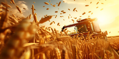wheat field at sunset, Combine harvester working in the field, A Combine Harvester at Sunset, Generative AI - obrazy, fototapety, plakaty