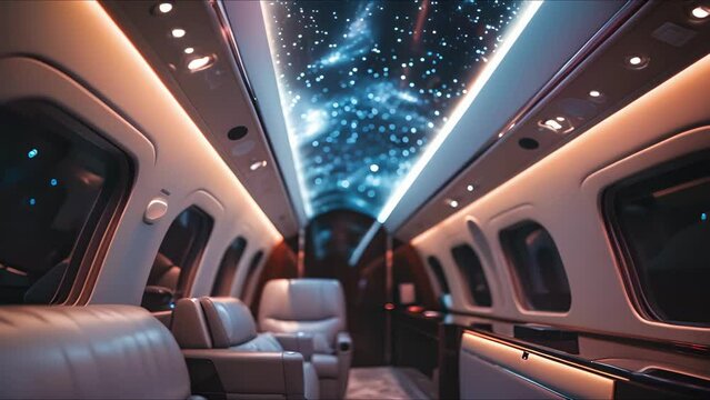 Take in the quiet beauty of the night sky through the panoramic windows of this private jet, elevated by the handcrafted ceiling panels depicting a ling constellation scene.