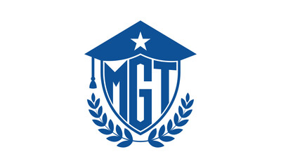 MGT three letter iconic academic logo design vector template. monogram, abstract, school, college, university, graduation cap symbol logo, shield, model, institute, educational, coaching canter, tech